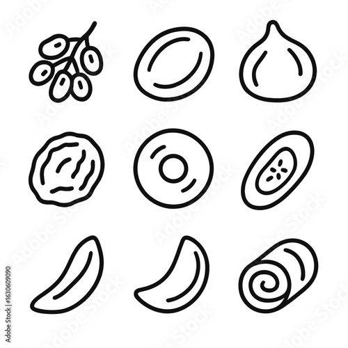 Dried Fruit Icons. Line style icons of Dried Fruit Snacks: raisin cluster, dried apricot, dried fig, prune, dried apple ring,
