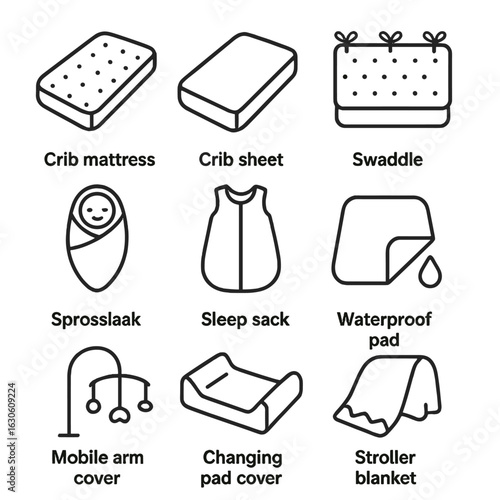 Baby Nursery Icons. Line style icons of Baby Nursery Bedding: crib mattress, crib sheet, breathable bumper, swaddle blanket, sleep