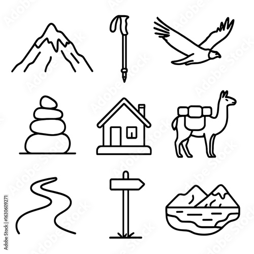 Andean Mountain Icon Set. Line style icons of Andean Mountain Treks: snow-capped peak, trekking pole, condor soaring, stone cairn,