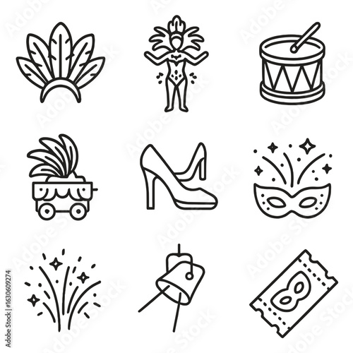 Carnival Icon Collection. Line style icons of Carnival de Gualeguaychú: feather headdress, sparkly costume, samba drum, float