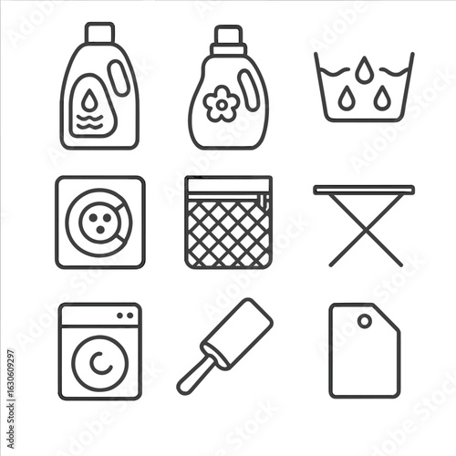 Sleepwear Laundry Icons. Line style icons of Sleepwear Laundry Care: gentle wash bottle, fabric softener, cold-water icon,