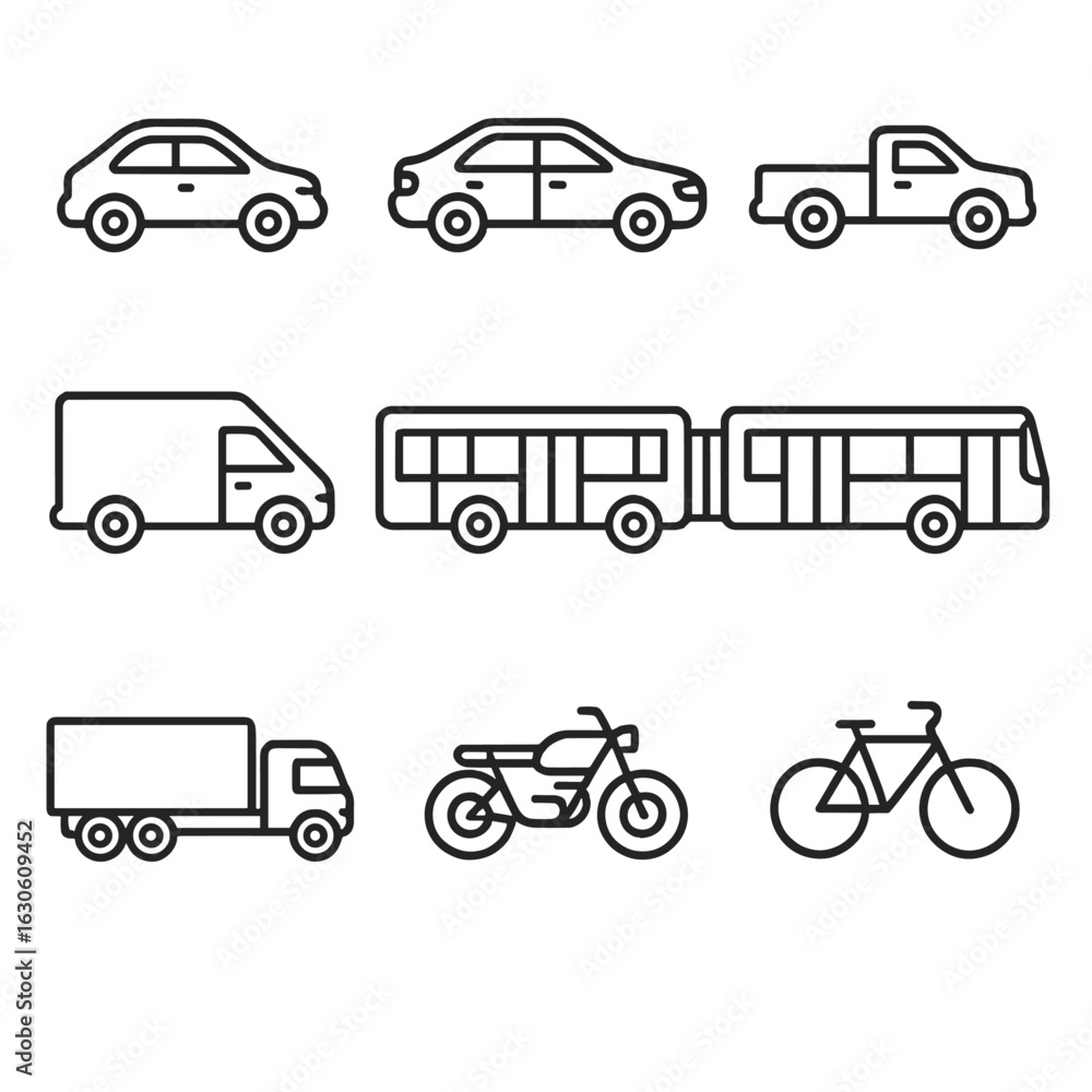 Fototapeta premium Line Style Vehicles. Line style icons of Common Road Vehicles: compact car, sedan, pickup truck, delivery van, city bus,