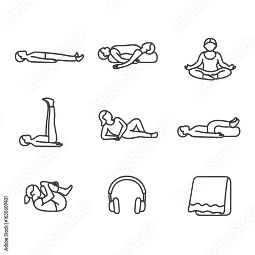 Yoga Nidra Pose Icons. Line style icons of Yoga-Nidra Poses: savasana corpse pose, supported fish pose, reclined bound angle, legs