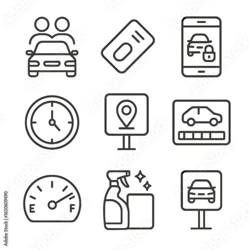 Car Sharing Line Icons. Line style icons of Car Sharing Services: shared car icon, keyless card, mobile unlock app, reservation