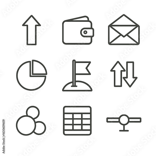 Personal Budget Icons. Line style icons of Personal Budgeting: income arrow, expense wallet, budget envelope, category pie,