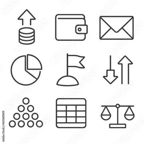 Personal Budget Icons. Line style icons of Personal Budgeting: income arrow, expense wallet, budget envelope, category pie,