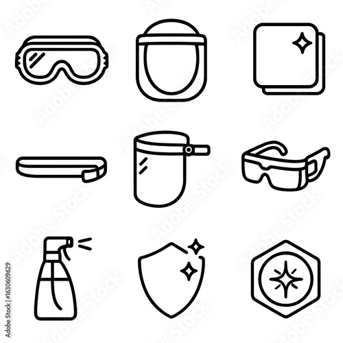 Eye and Face Shields. Line style icons of Eye and Face Shields: vented safety goggle, full-face shield, anti-fog lens wipe,