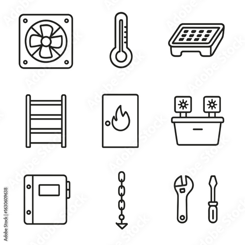 Paint Storage Essentials Icons. Line style icons of Paint Storage Room Gear: exhaust fan vent, temperature monitor, spill