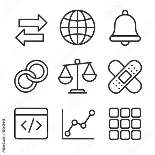 Hedge Fund Icon Grid. Line style icons of Hedge Fund Strategies: long-short arrows, global macro globe, event-driven bell, merger