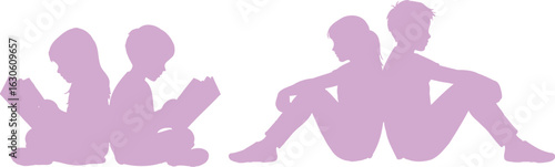 Silhouettes of children reading and sitting back to back on white background
