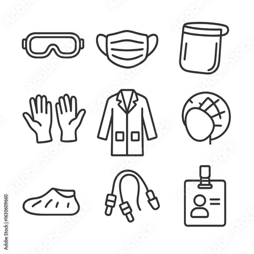 PPE Line Icons. Line style icons of Personal Protective Equipment: safety goggles, surgical mask, face shield, nitrile gloves, lab