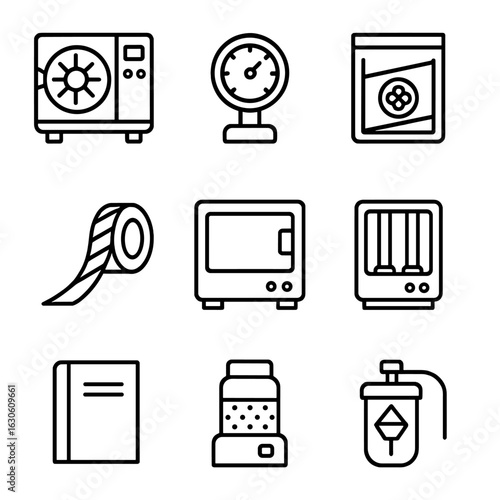 Sterilization Equipment Icons. Line style icons of Sterilization Equipment: autoclave machine, pressure gauge, sterilization pouch