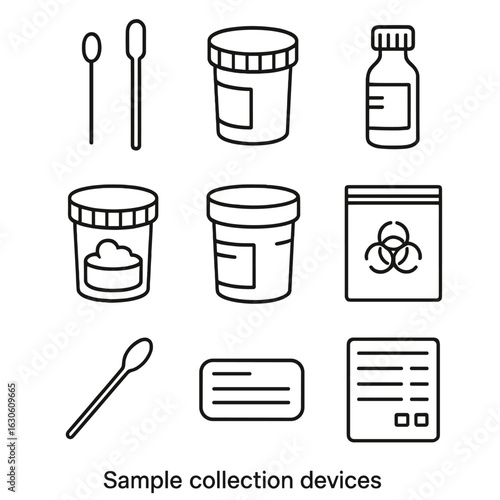 Sample Collection Icons. Line style icons of Sample Collection Devices: sterile swab, sputum cup, blood culture bottle, stool