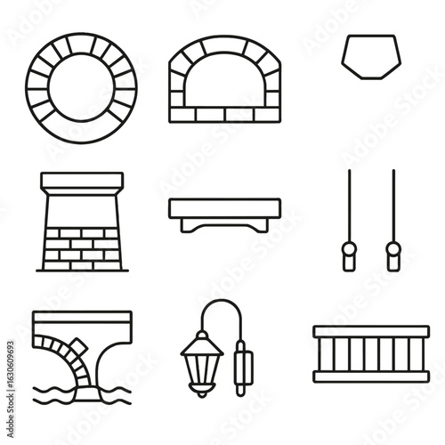 Arch Bridge Icons. Line style icons of Arch Bridges: stone arch ring, spandrel wall, keystone block, abutment pier, deck slab,