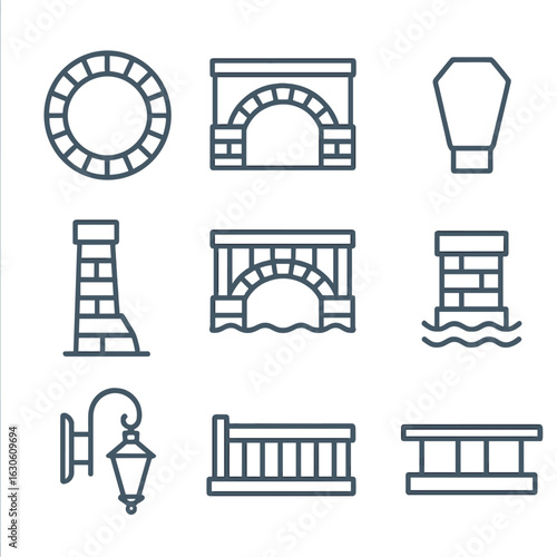 Arch Bridge Icons. Line style icons of Arch Bridges: stone arch ring, spandrel wall, keystone block, abutment pier, deck slab,
