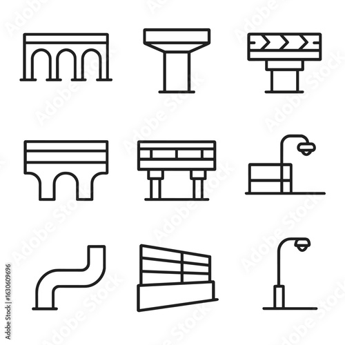 Viaduct Elements Icons. Line style icons of Viaducts: multi-span arch, pier column, expansion joint, parapet wall, maintenance