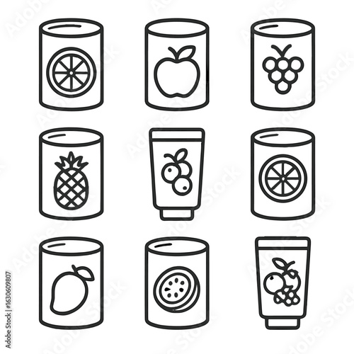 Juice Concentrate Icons. Line style icons of Frozen Juice Concentrates: orange juice can, apple concentrate, grape concentrate,