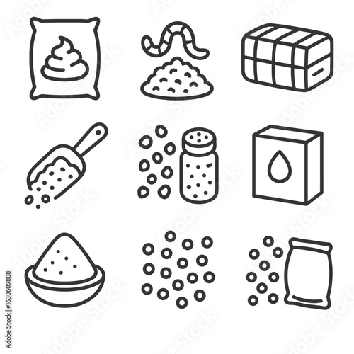 Soil Amendment Icons. Line style icons of Soil Amendment Options: bagged manure, worm castings, peat moss bale, perlite scoop,