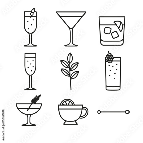 Line Style Cocktails. Line style icons of Themed Cocktail Creations: champagne cocktail, martini glass, old fashioned, sparkling
