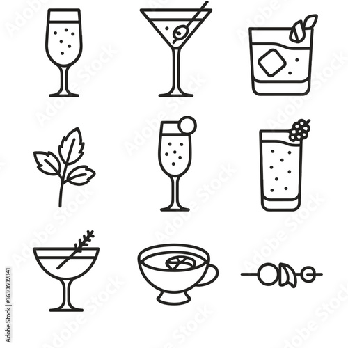 Line Style Cocktails. Line style icons of Themed Cocktail Creations: champagne cocktail, martini glass, old fashioned, sparkling
