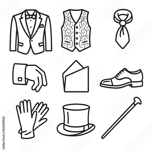 Gentlemen's Attire Icons. Line style icons of Gentlemen’s Ball Attire: tuxedo jacket, brocade waistcoat, silk cravat, shirt