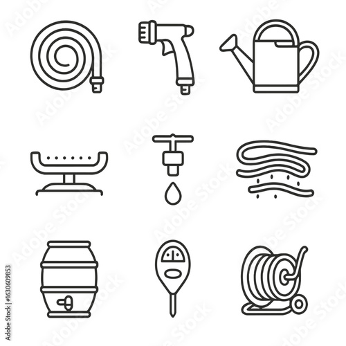 Watering Essentials Icons. Line style icons of Watering Essentials: garden hose, spray nozzle, watering can, oscillating sprinkler