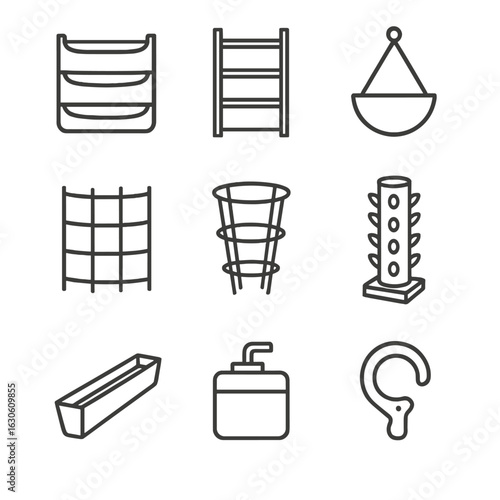 Vertical Gardening Icons. Line style icons of Vertical Gardening Gear: wall planter pocket, tiered shelf, hanging basket, trellis