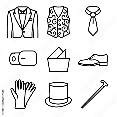 Gentlemen's Attire Icons. Line style icons of Gentlemen’s Ball Attire: tuxedo jacket, brocade waistcoat, silk cravat, shirt