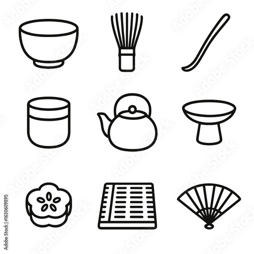 Tea Ceremony Icons. Line style icons of Japanese Tea Ceremony: matcha bowl, bamboo whisk, tea scoop, tea caddy, hot water kettle,
