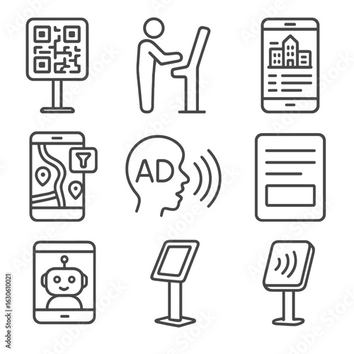 Urban Digital Service Icons. Line style icons of accessible urban digital services: QR code info post, touchscreen help kiosk,