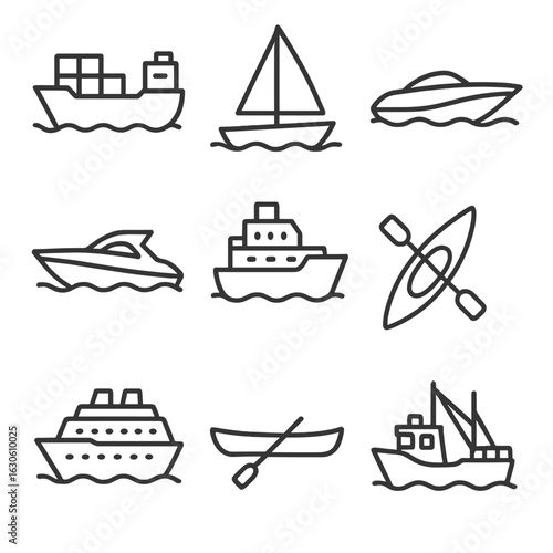 Watercraft Line Icons. Line style icons of water transportation: cargo ship, sailboat, speedboat, yacht, ferry boat, kayak, cruise