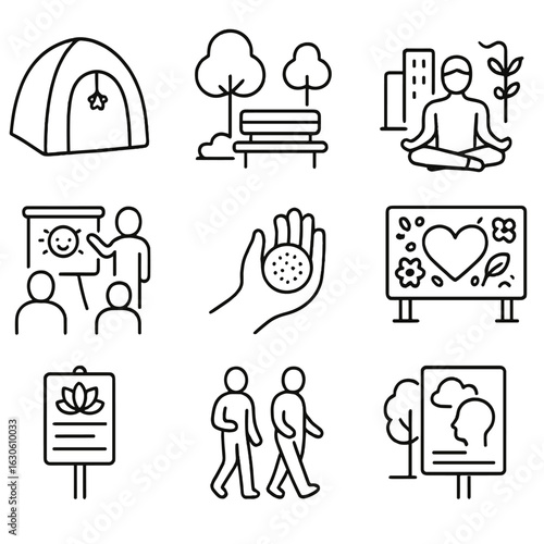 Mental Well-Being Icons. Line style icons of mental well-being pop-ups: pop-up relaxation tent, quiet zone bench, urban meditation