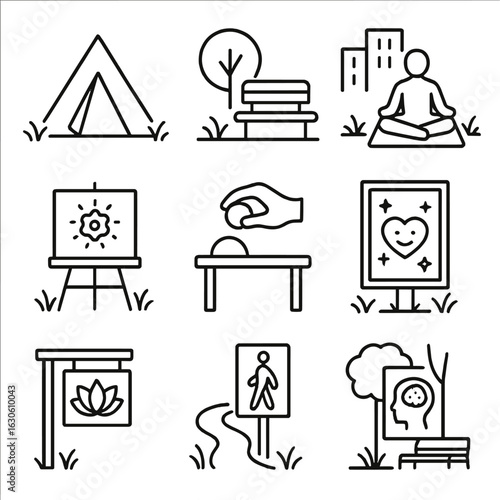 Mental Well-Being Icons. Line style icons of mental well-being pop-ups: pop-up relaxation tent, quiet zone bench, urban meditation