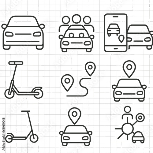 Ride-Sharing Icons Collection. Line style icons of ride-sharing and on-demand transport: rideshare car, carpool symbol, app ride