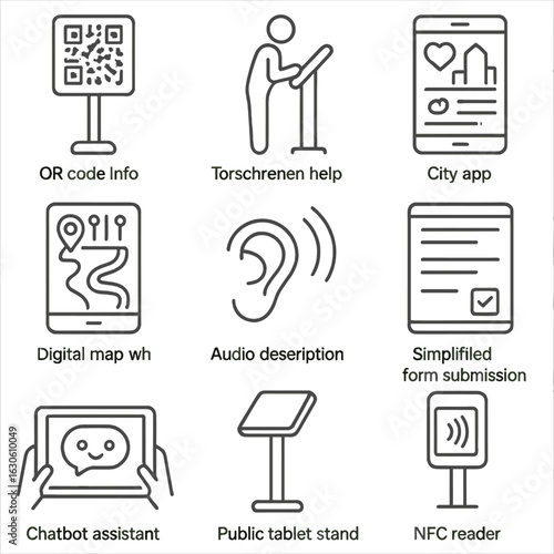 Urban Digital Service Icons. Line style icons of accessible urban digital services: QR code info post, touchscreen help kiosk,