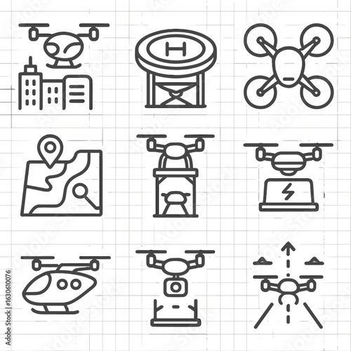 Urban Air Mobility Icons. Line style icons of urban air mobility: city drone taxi, rooftop landing pad, multicopter vehicle,