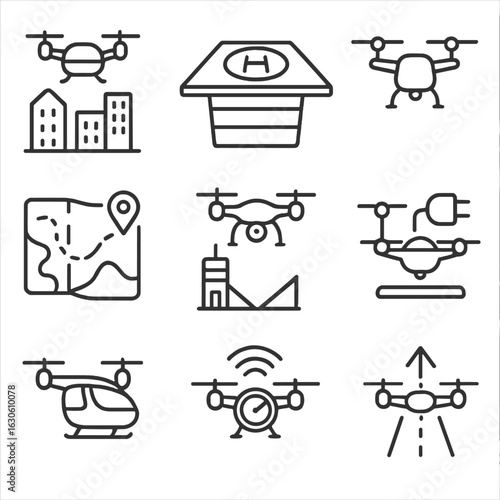 Urban Air Mobility Icons. Line style icons of urban air mobility: city drone taxi, rooftop landing pad, multicopter vehicle,