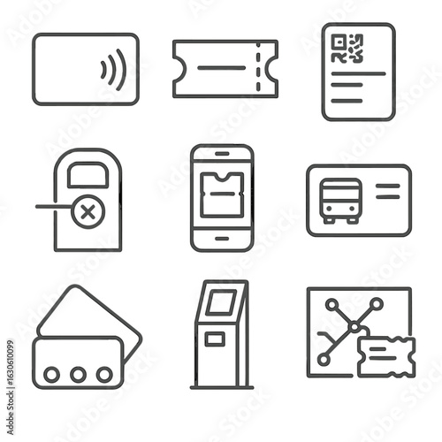 Transport Ticket Icons. Line style icons of transport ticketing and access: contactless card, paper ticket icon, QR boarding pass,