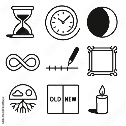 Timeless Line Icons. Line style icons of timeless contrast icons: hourglass in shadow, spiral clock layout, moon phase icon,