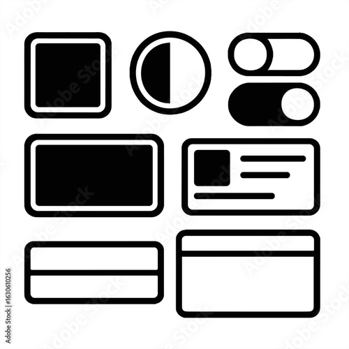 Monochrome UI Icons. Line style icons of monochrome digital interface: white UI button on black, contrast theme icon, toggle in
