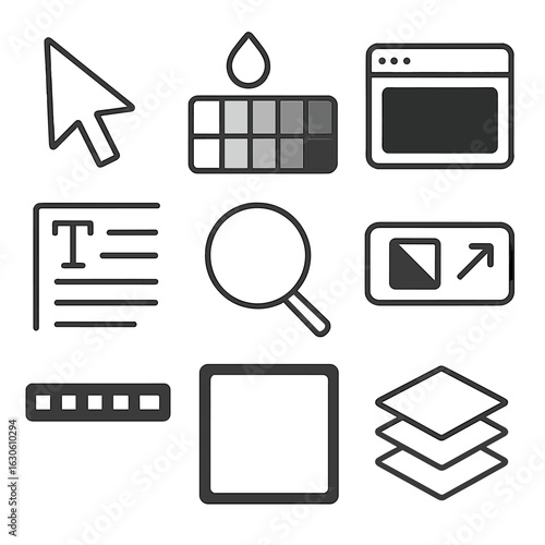 Digital Tool Icons. Line style icons of digital black and white tools: contrast cursor icon, grayscale color picker, monochrome