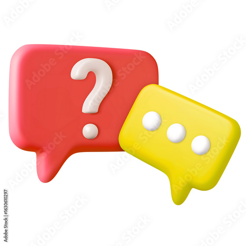 3D chat speech bubbles with question mark for survey, FAQ, and feedback. Q&A, customer support, and opinion poll concept. 3D icon illustration isolated on transparent background.