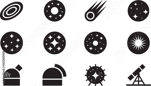 Space Objects Silhouettes Set Galaxy Planets Asteroid Telescope Black Vector Illustration