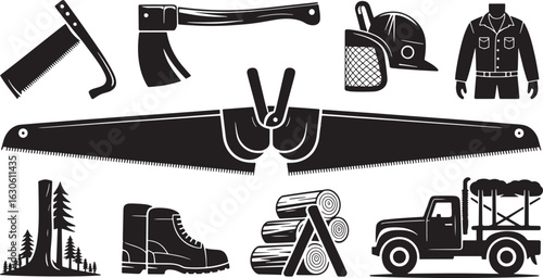 Lumberjack Equipment Vector Set Detailed Woodcutter Tools and Gear for Forestry and Logging Projects