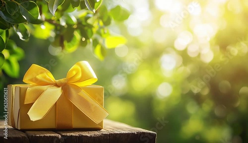 Brown gift box with yellow ribbon and bow sits on rustic wood. Sunlight filters through vibrant green foliage, creating bokeh background