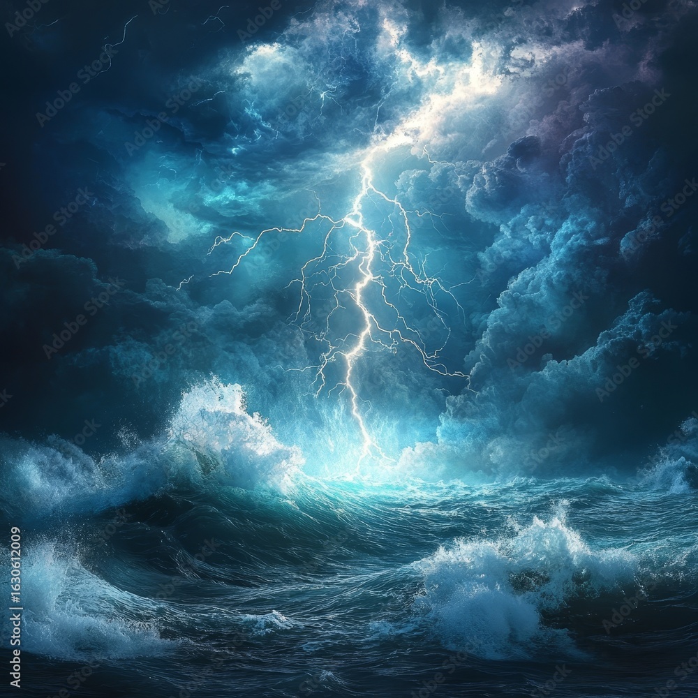 Fototapeta premium Powerful lightning strike illuminates a stormy ocean with dramatic clouds and crashing waves