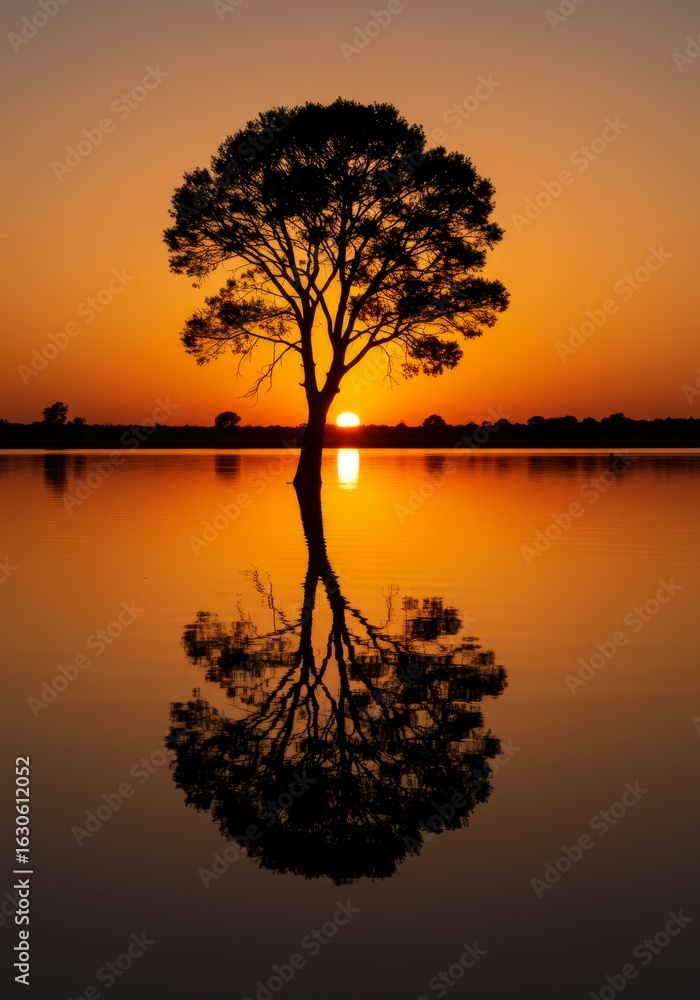 Fototapeta premium Sunset Silhouette Tree Reflection - Stunning silhouette of a tree reflected in calm water at sunset, vibrant orange and yellow hues