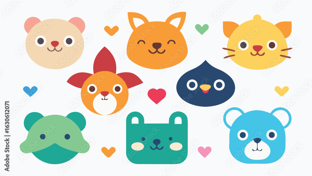 Fototapeta premium Vector art of collection of cute cartoon animal faces including bear, fox, cat, owl, bird, frog, and dog isolated on white background.