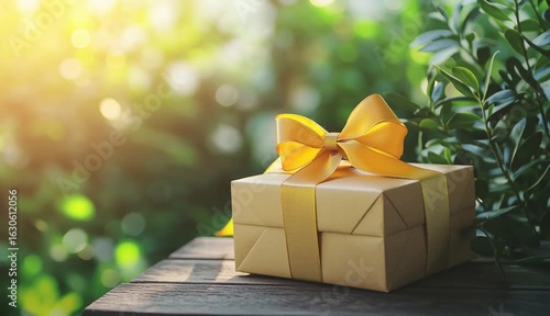 Brown gift box with yellow ribbon and bow sits on rustic wood. Sunlight filters through vibrant green foliage, creating bokeh background
