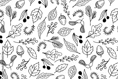 Seamless vector pattern with forest leaves, berries, acorns, and seeds. Hand-drawn black and white line art. Ideal for coloring books, textile design, packaging, wrapping paper, eco projects.